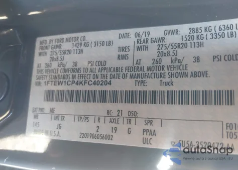 2019 Ford F-150 Xl z USA, uszkodzony, nr VIN 1FTEW1CP4KFC40204